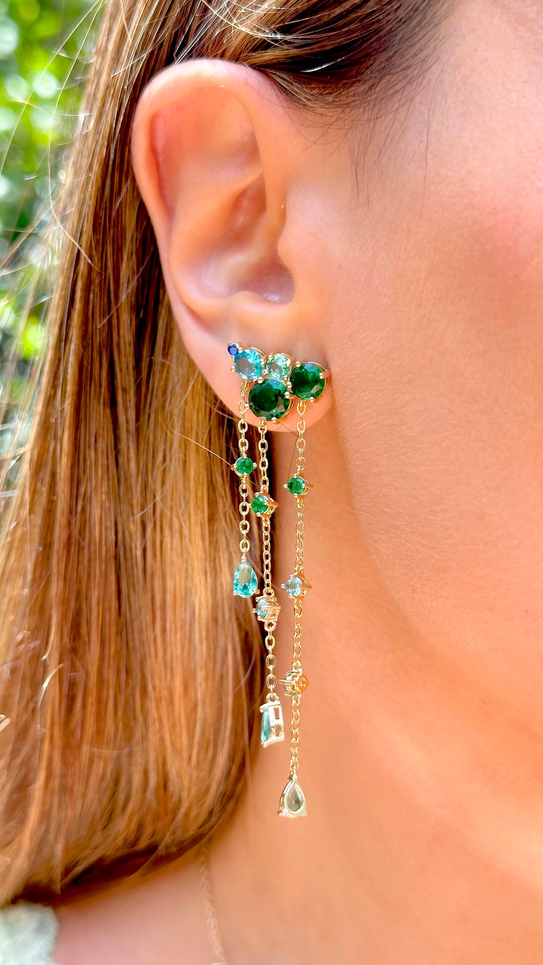 Woman wears Emerald Crystal Chain Earrings, 18k Gold Filled, Elladora Store, Australia