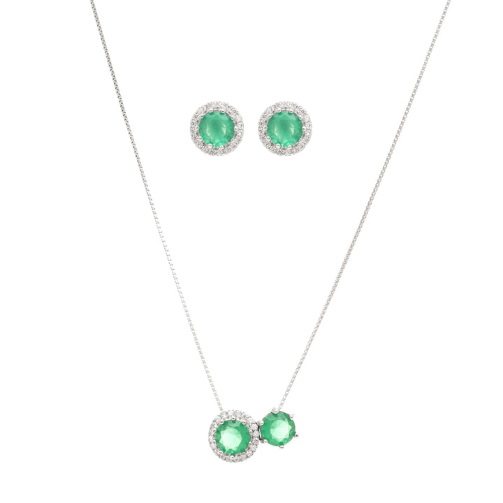 Emerald Crystal Round Stud Earrings & Pendant Necklace Set, 925 Sterling Silver