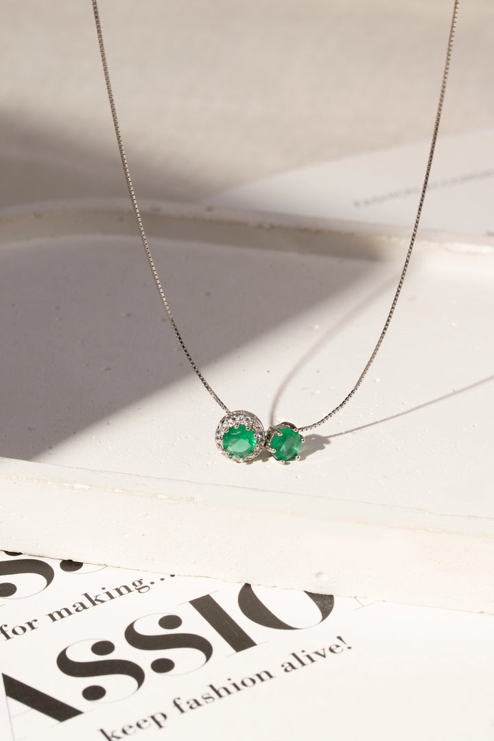 Emerald Crystal Round Stud Earrings & Pendant Necklace Set, 925 Sterling Silver