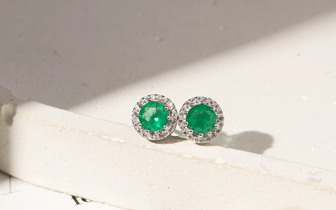Emerald Crystal Round Stud Earrings & Pendant Necklace Set, 925 Sterling Silver
