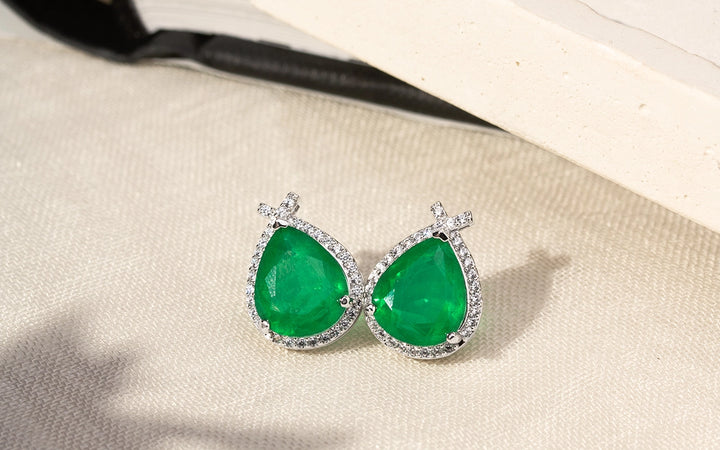 Emerald Fusion Pear Drop Earrings & Rectangular Ring Set, 925 Sterling Silver