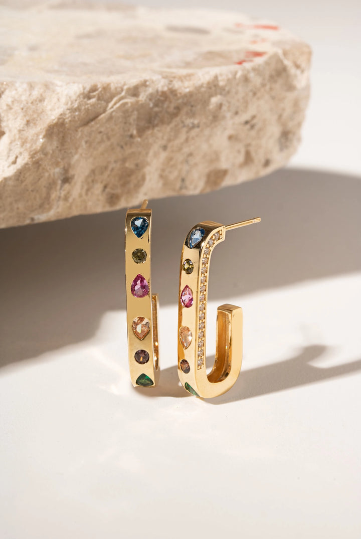 Emerald, Pink Tourmaline & London Blue Rectangular Hoop Earrings, 18K Gold Filled