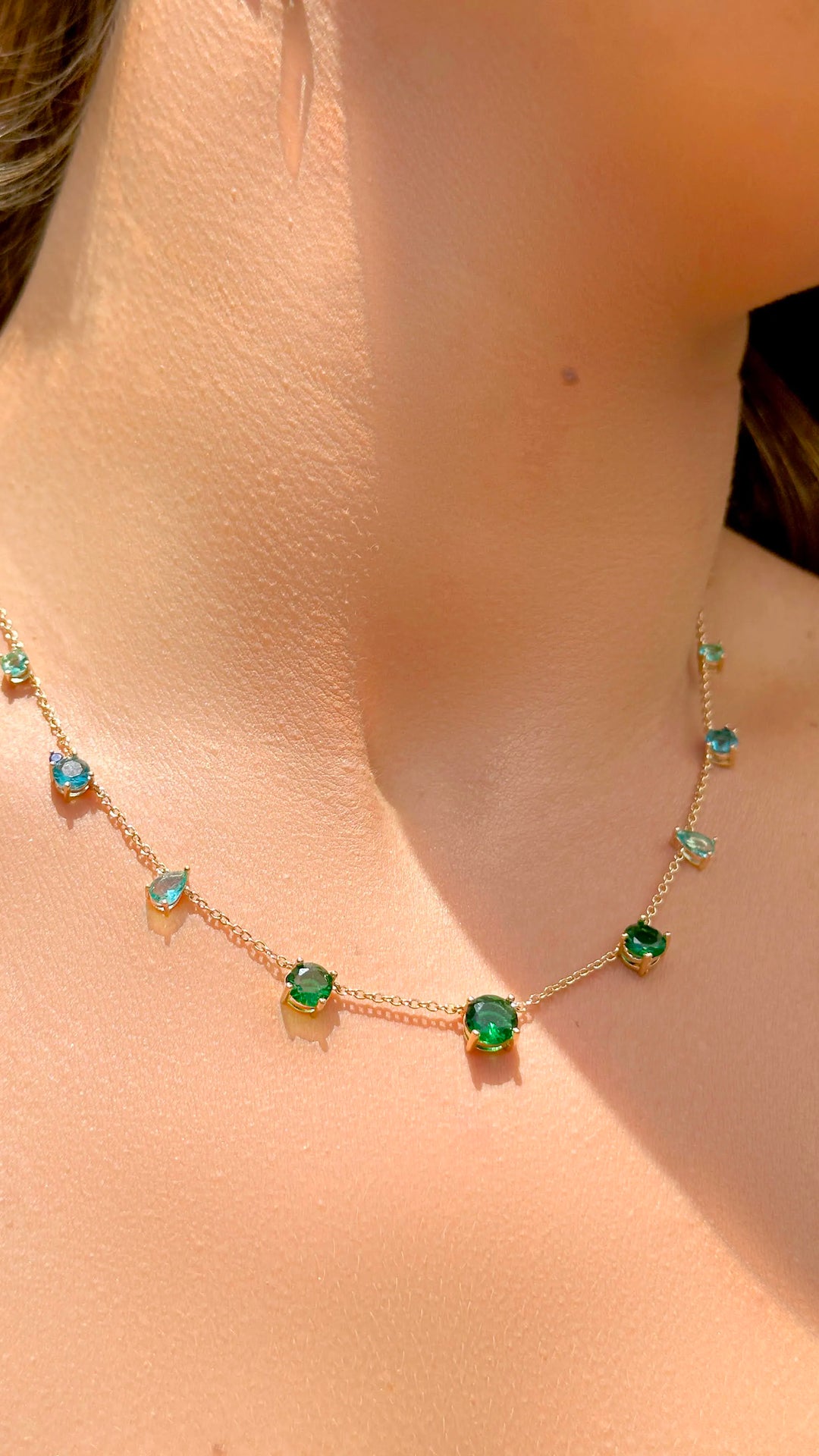 Women wears Emerald, Paraiba & Topaz  Crystal Necklace, 18k Gold Filled, Elladora Store Australia