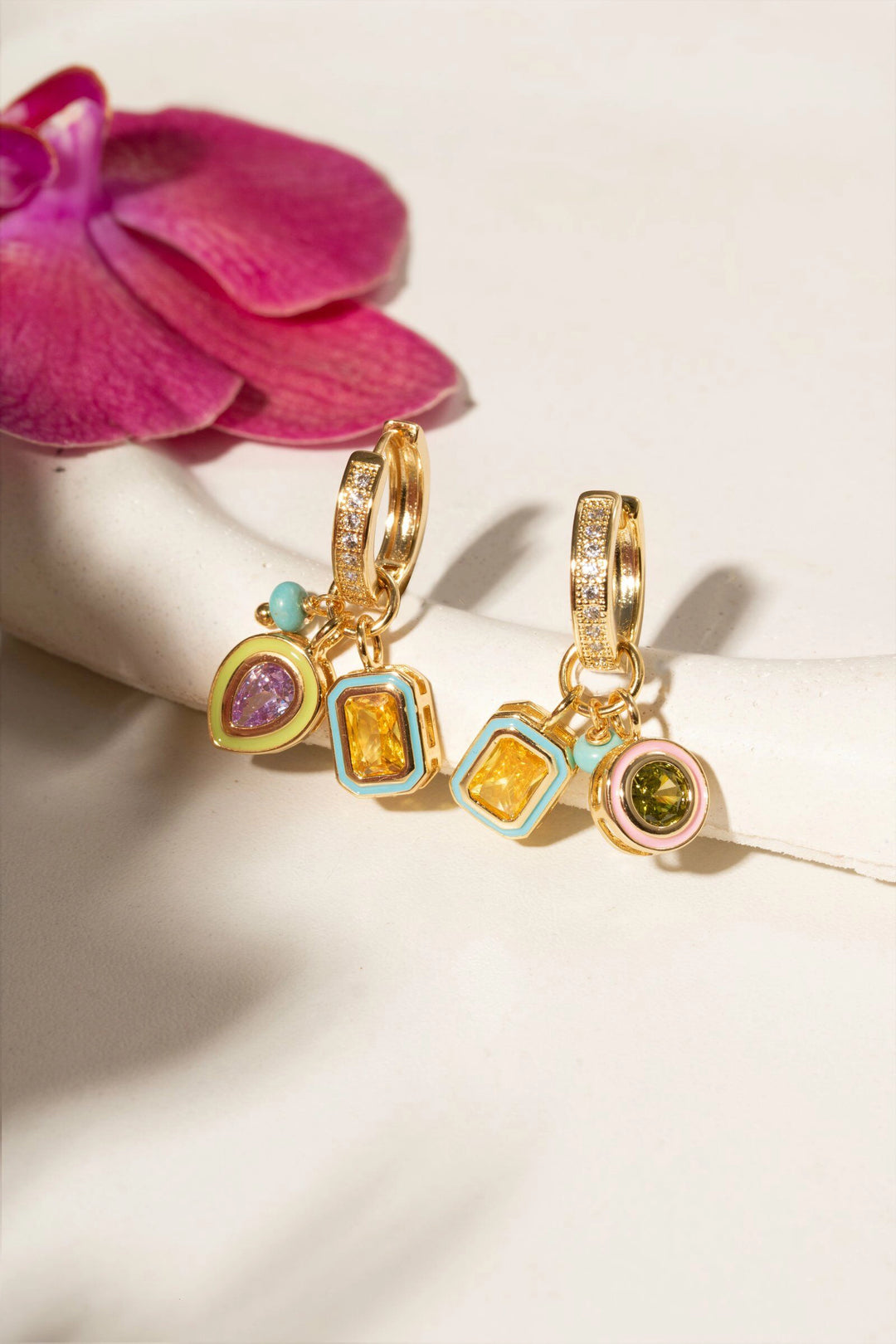 Enamel Fancy Yellow, Peridot & Amethyst Zirconia Ear Bling Earrings,18k Gold Filled