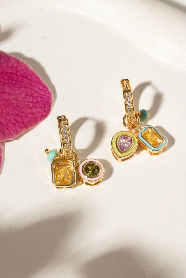 Enamel Fancy Yellow, Peridot & Amethyst Zirconia Ear Bling Earrings,18k Gold Filled