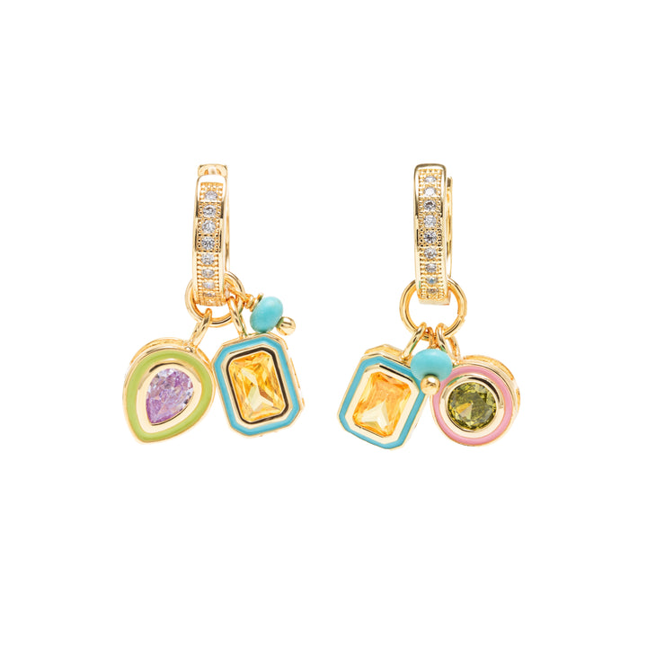 Enamel Fancy Yellow, Peridot & Amethyst Zirconia Ear Bling Earrings,18k Gold Filled