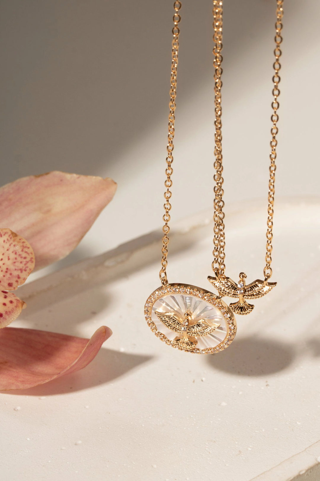Holy Spirit Scapular Necklace with Mother of Pearl & White Zirconia 70cm, 18k Gold Plated