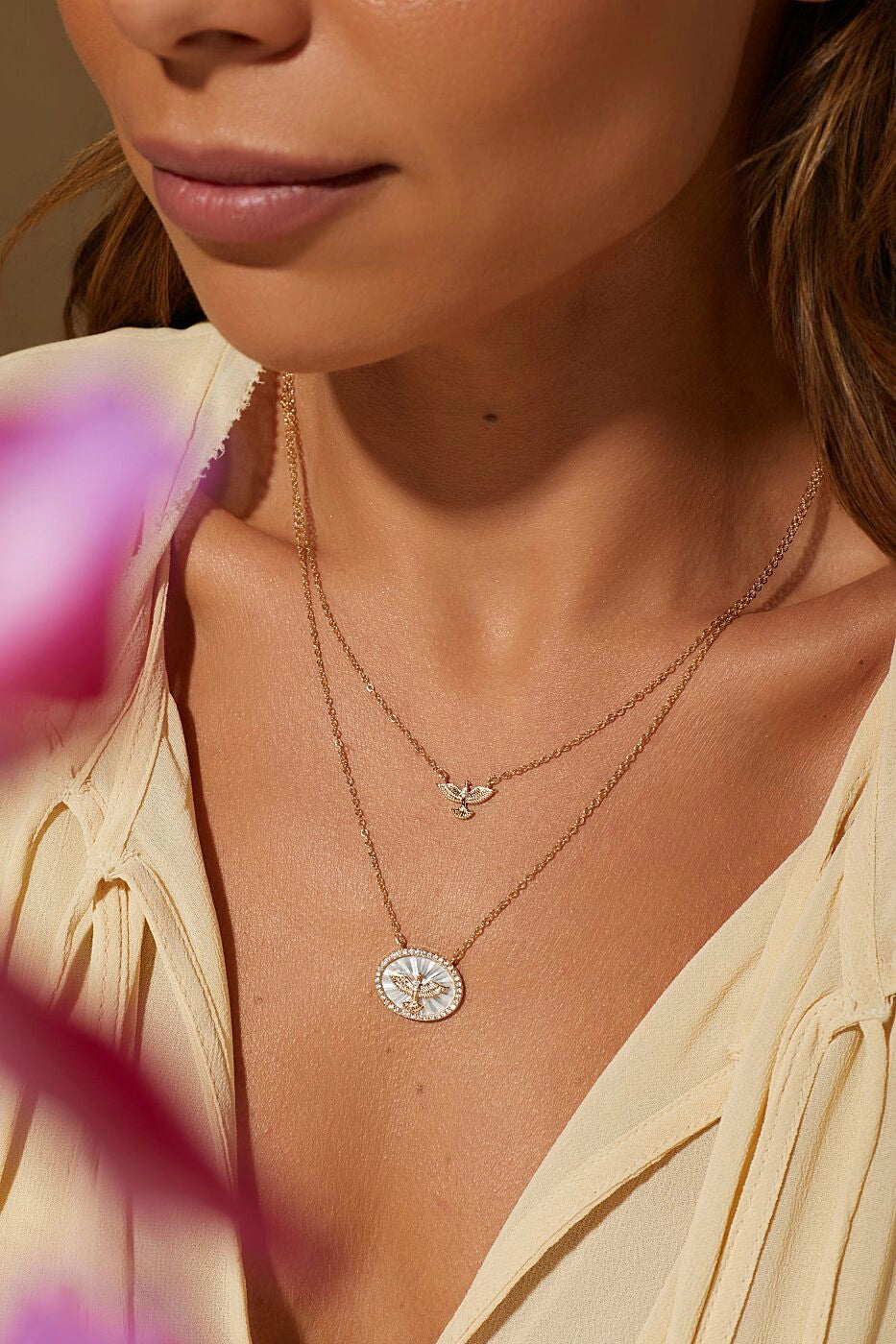 Holy Spirit Scapular Necklace with Mother of Pearl & White Zirconia 70cm, 18k Gold Plated