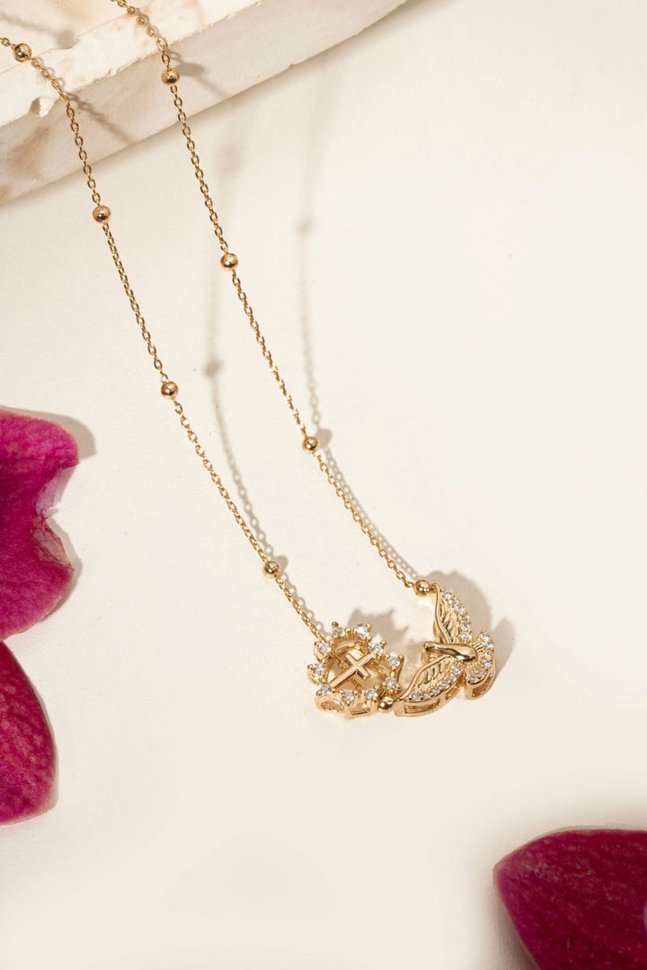 Holy Spirit & Heart Scapular Necklace with White Zirconia 65cm, 18k Gold Plated