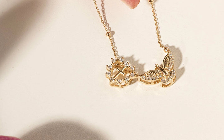 Holy Spirit & Heart Scapular Necklace with White Zirconia 65cm, 18k Gold Plated