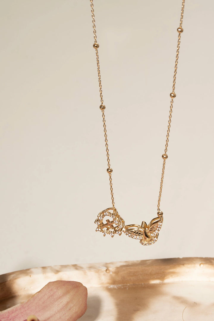 Holy Spirit & Heart Scapular Necklace with White Zirconia 65cm, 18k Gold Plated