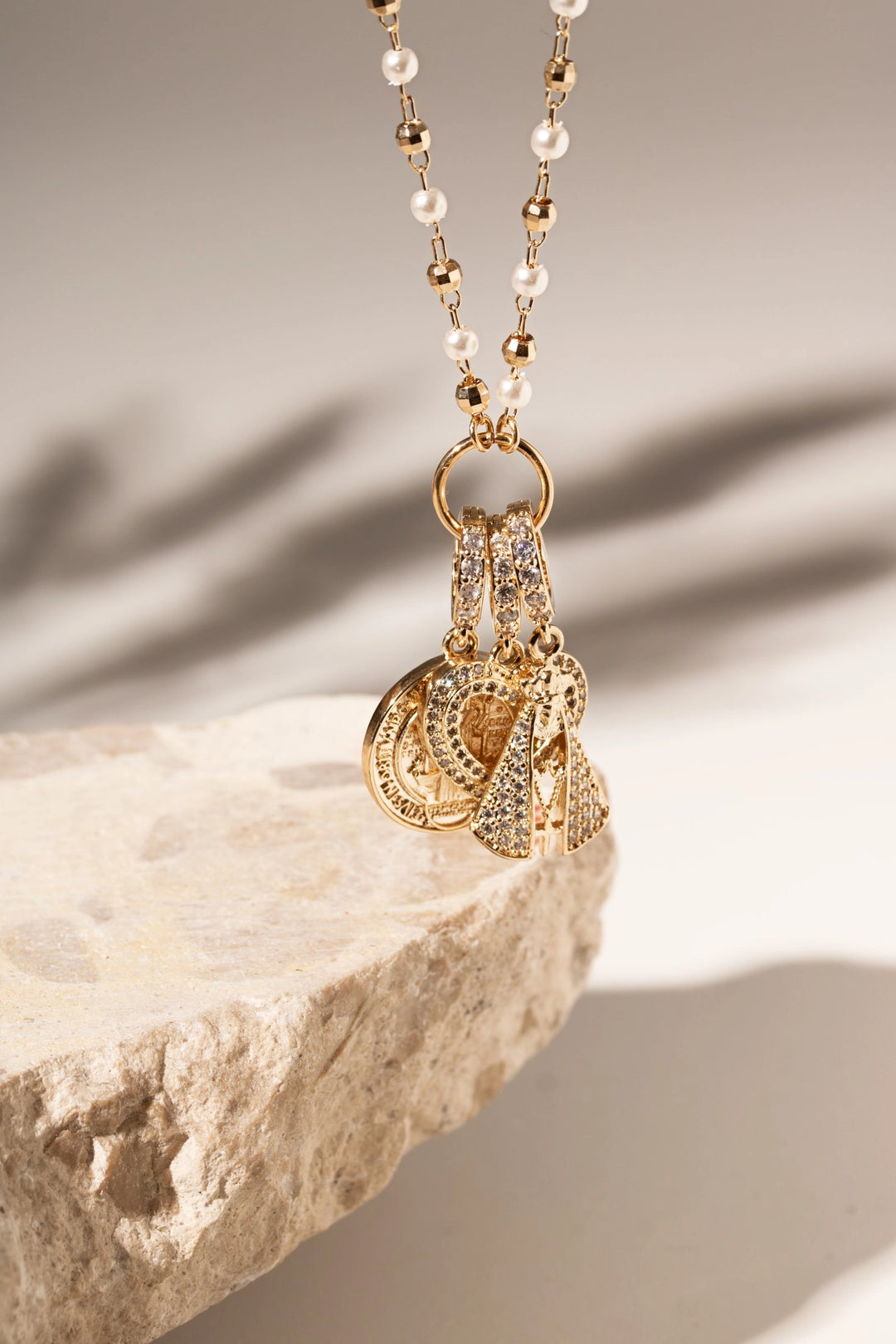 Korean Pearl & White CZ Amulet Necklace, 18K Gold Filled