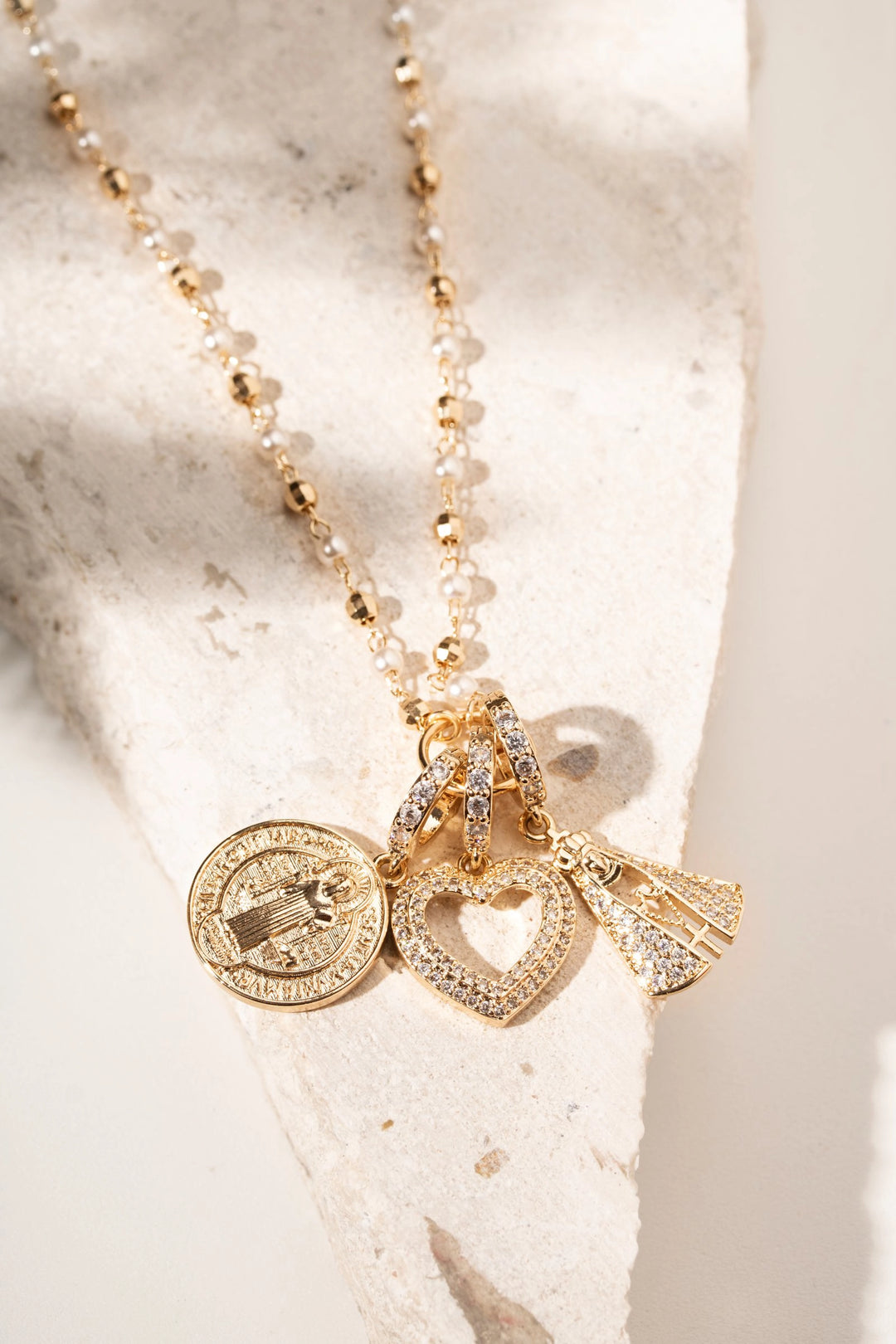 Korean Pearl & White CZ Amulet Necklace, 18K Gold Filled