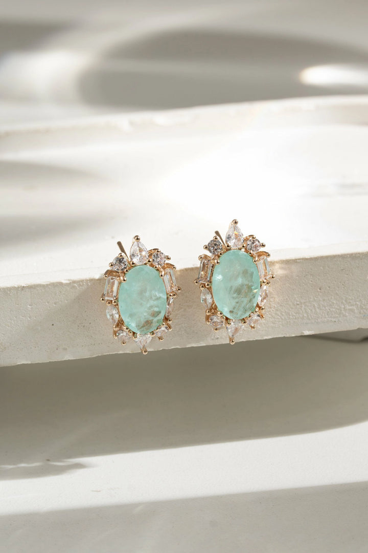 Light Blue Tourmaline Fusion & White Zirconia Oval Earrings, 18k Gold Filled