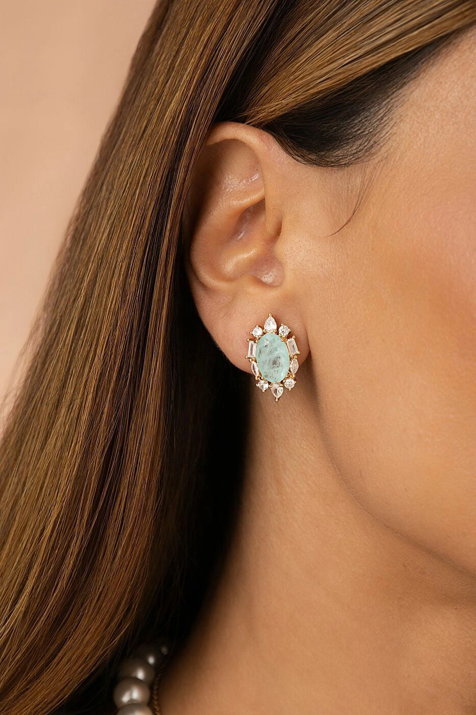 Light Blue Tourmaline Fusion & White Zirconia Oval Earrings, 18k Gold Filled