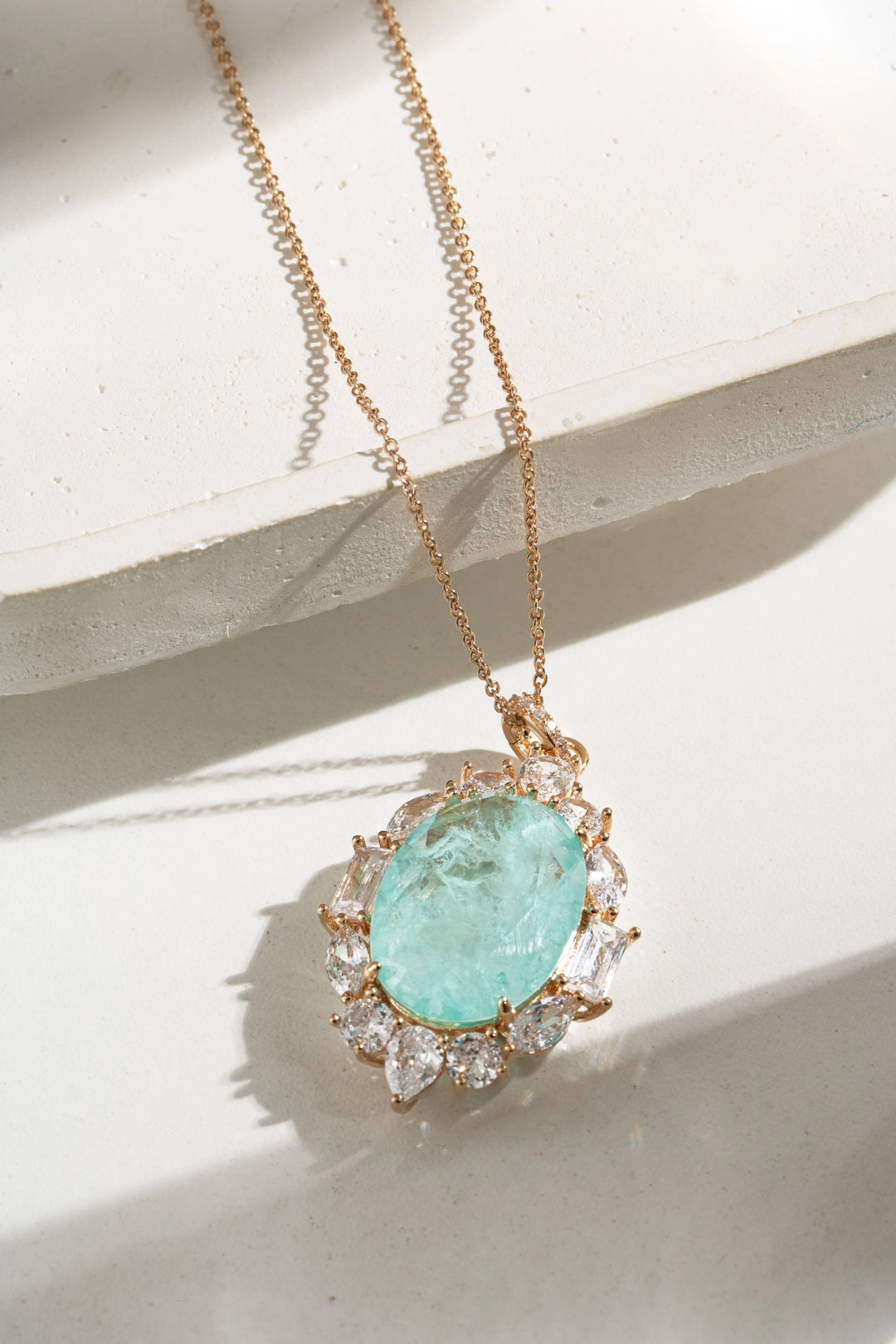 Light Blue Tourmaline Fusion & White Zirconia Oval Pendant Necklace 18k Gold Filled