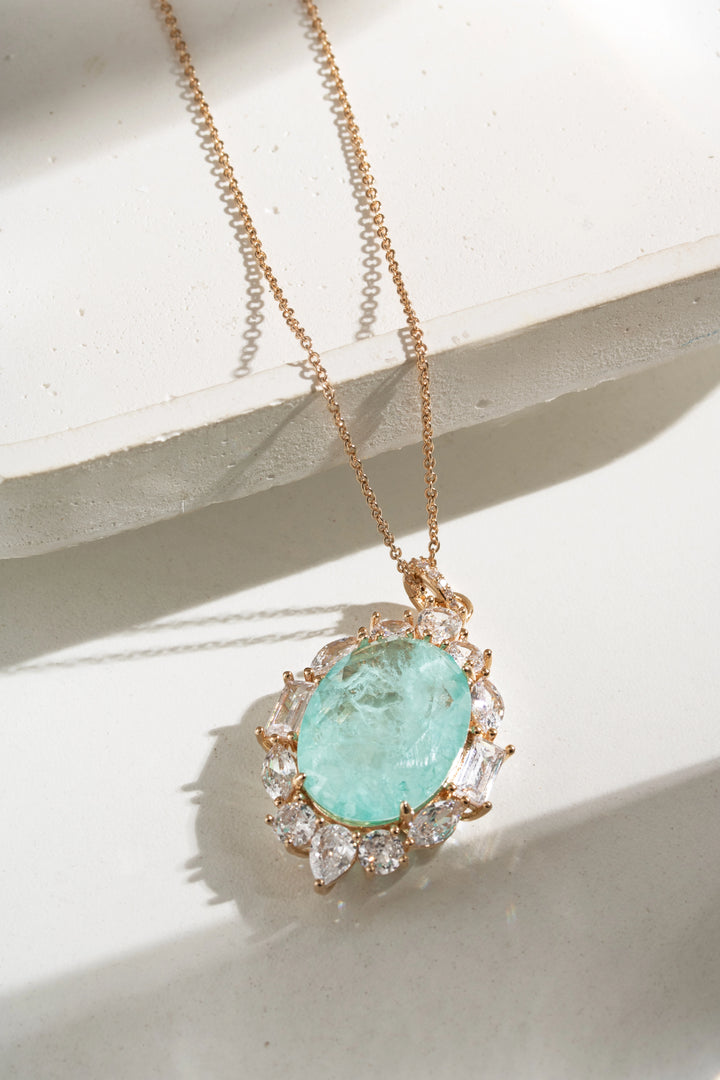 Light Blue Tourmaline Fusion & White Zirconia Oval Pendant Necklace 18k Gold Filled