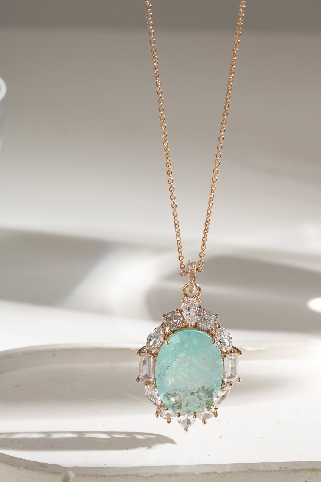 Light Blue Tourmaline Fusion & White Zirconia Oval Pendant Necklace 18k Gold Filled