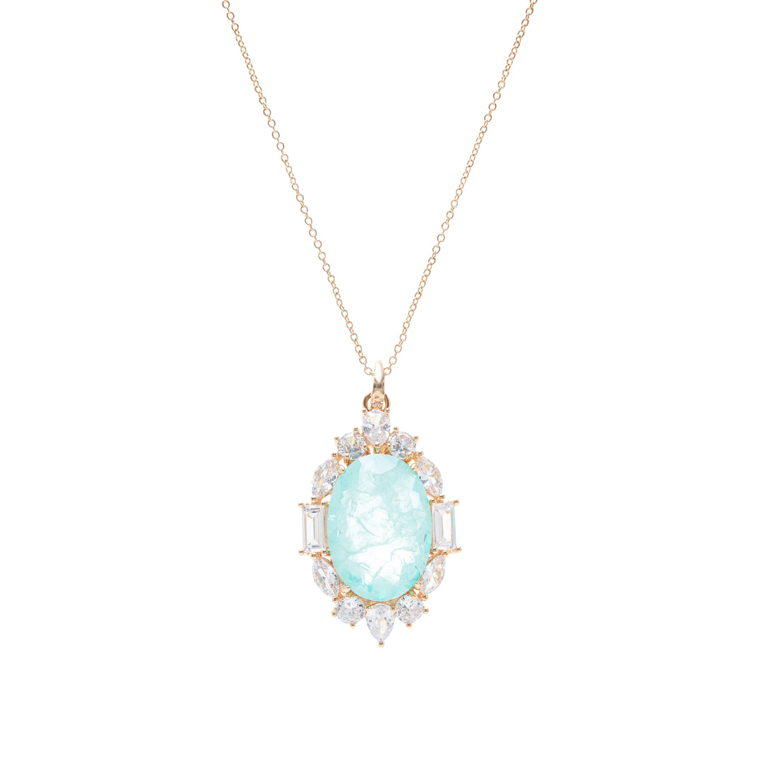 Light Blue Tourmaline Fusion & White Zirconia Oval Pendant Necklace 18k Gold Filled