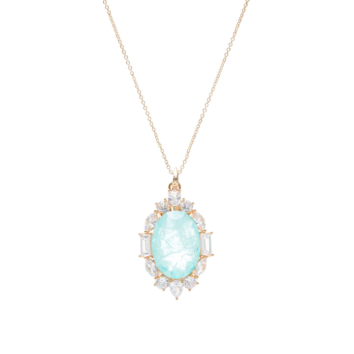 Light Blue Tourmaline Fusion & White Zirconia Oval Pendant Necklace 18k Gold Filled