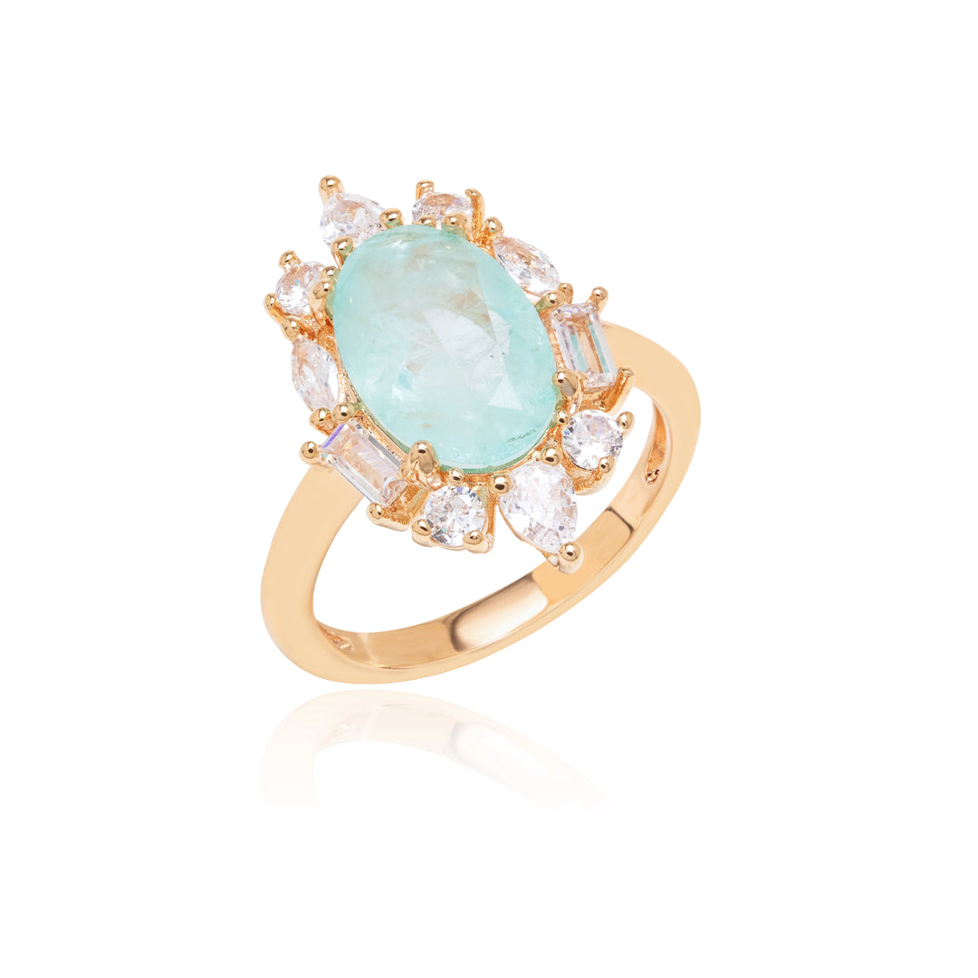 Light Blue Tourmaline Fusion & White Zirconia Oval Ring, 18k Gold Filled