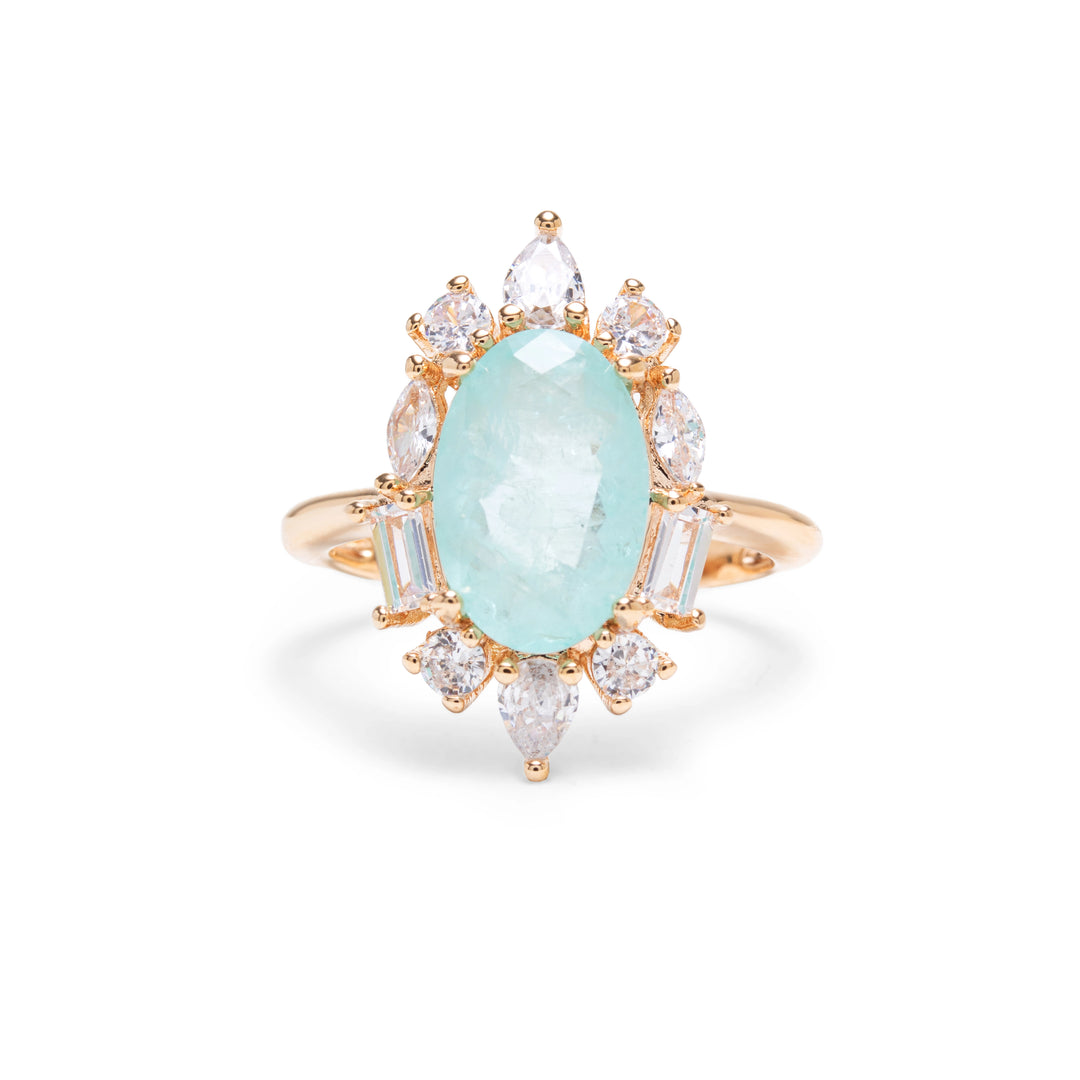 Light Blue Tourmaline Fusion & White Zirconia Oval Ring, 18k Gold Filled