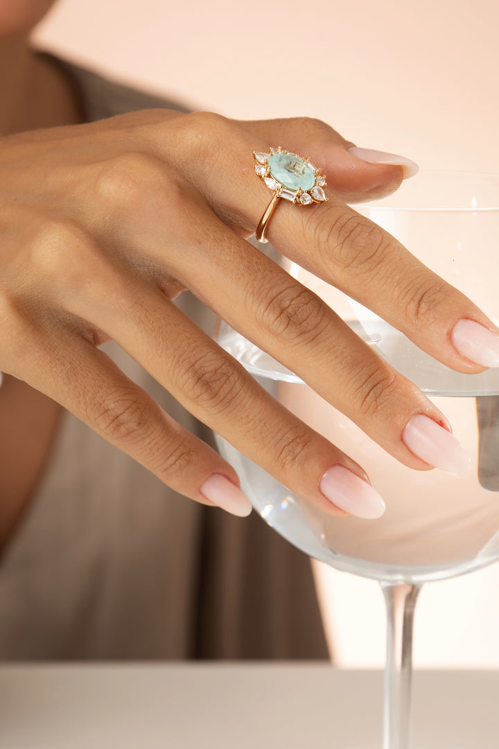 Light Blue Tourmaline Fusion & White Zirconia Oval Ring, 18k Gold Filled