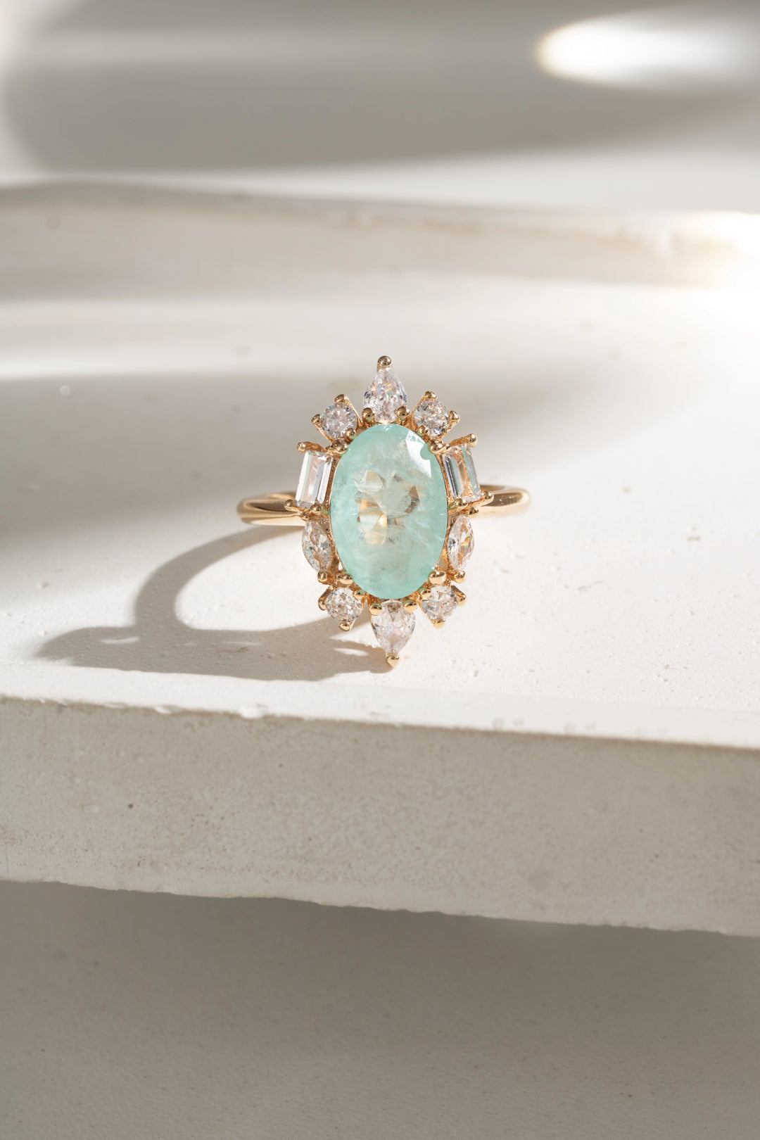 Light Blue Tourmaline Fusion & White Zirconia Oval Ring, 18k Gold Filled