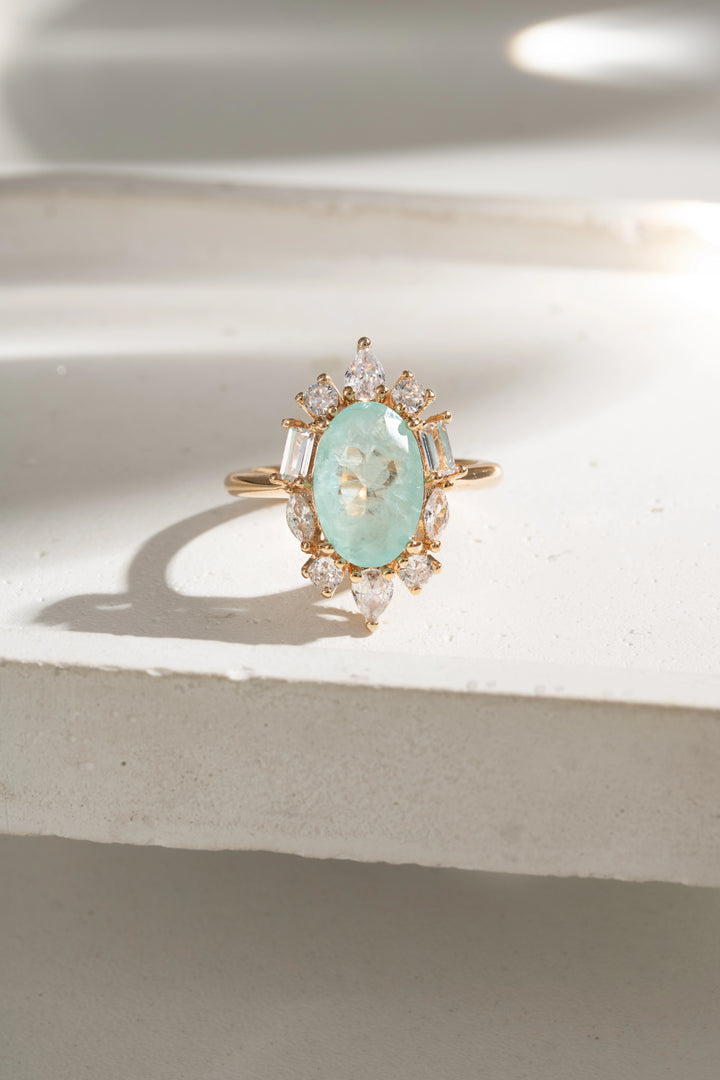 Light Blue Tourmaline Fusion & White Zirconia Oval Ring, 18k Gold Filled
