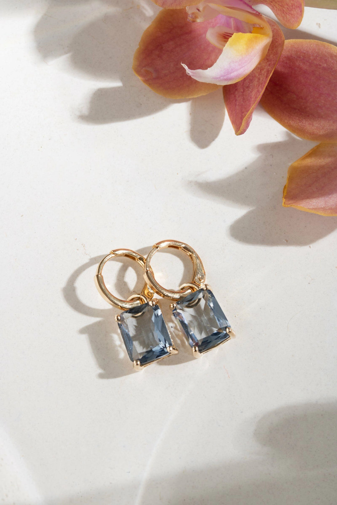London Blue Crystal Rectangle Ear Bling Earrings, 18k Gold Filled