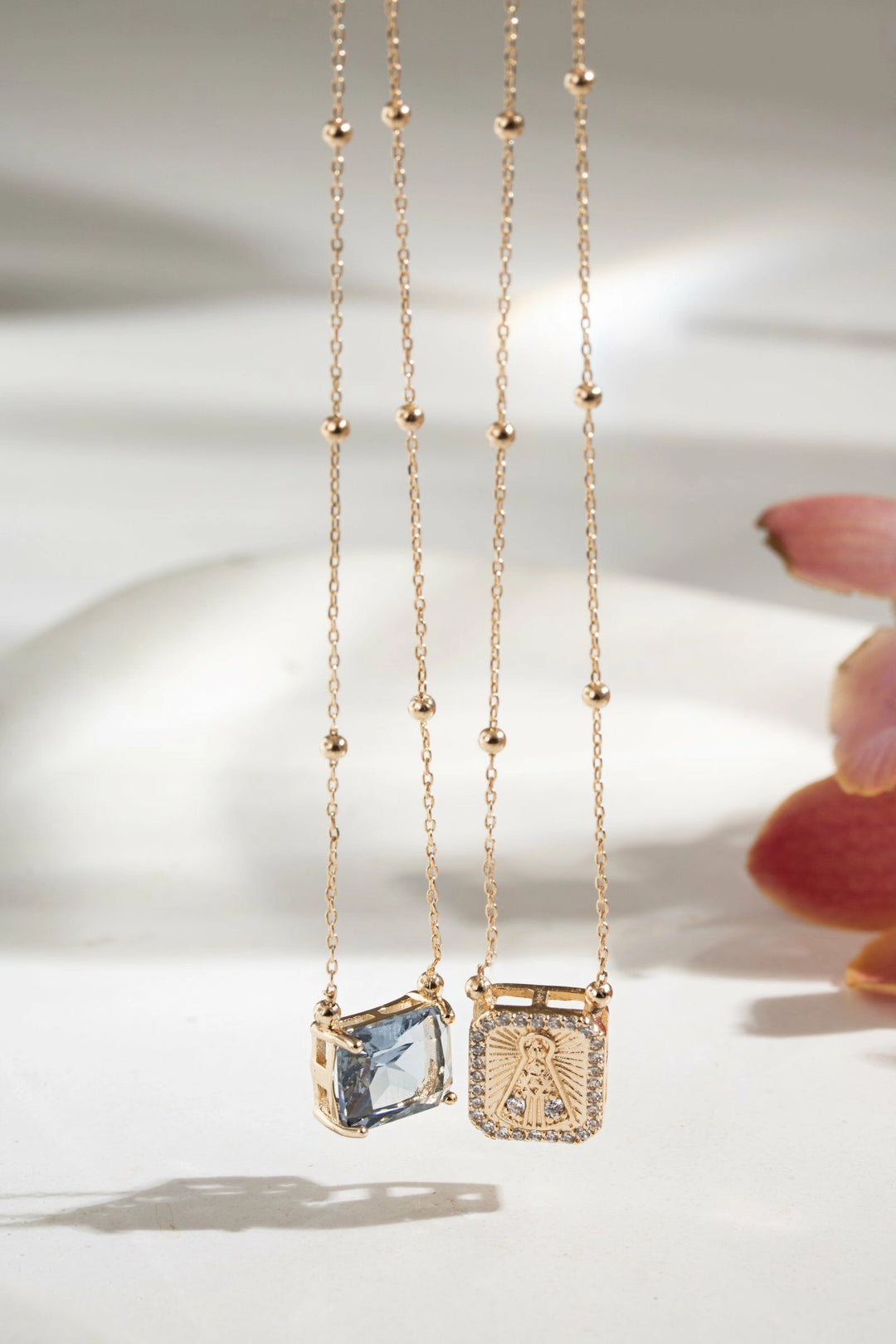 London Blue Crystal & White Zirconia Our Lady of Aparecida Scapular Necklace,18k Gold Filled