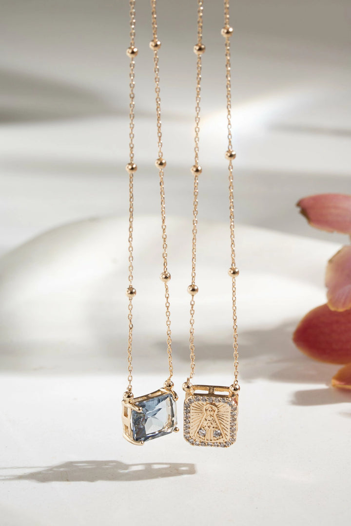 London Blue Crystal & White Zirconia Our Lady of Aparecida Scapular Necklace,18k Gold Filled