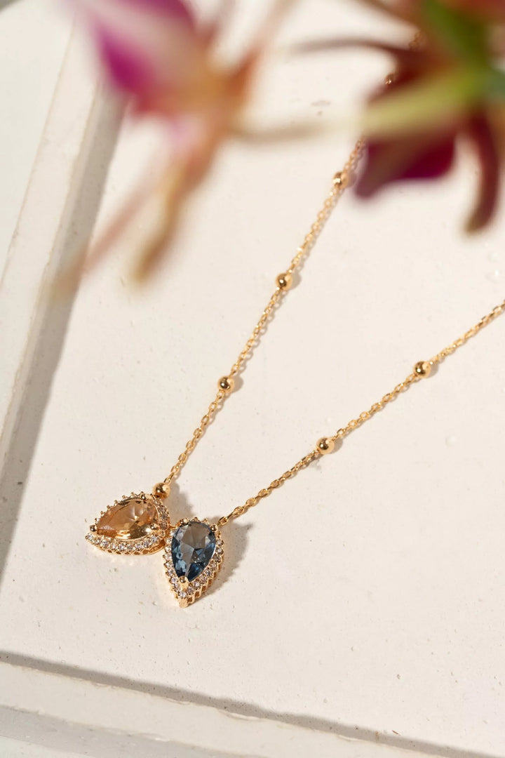 London Blue, Citrine & White CZ Scapular Teardrop Necklace, 18K Gold Filled