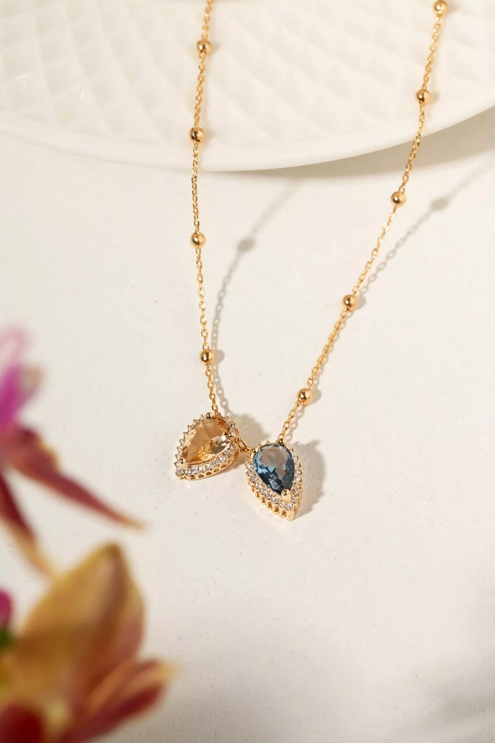 London Blue, Citrine & White CZ Scapular Teardrop Necklace, 18K Gold Filled