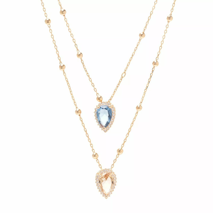 London Blue, Citrine & White CZ Scapular Teardrop Necklace, 18K Gold Filled