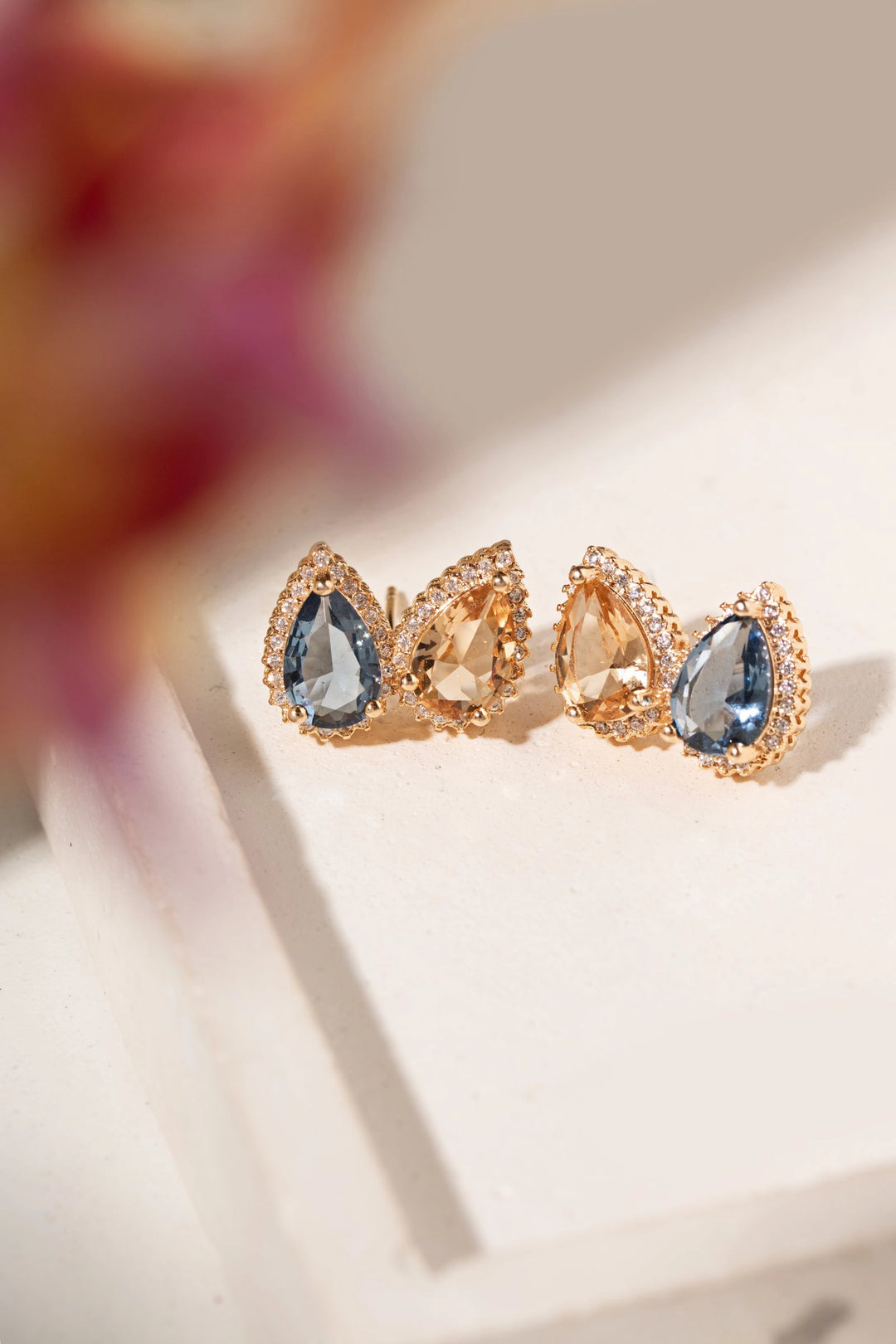 London Blue, Citrine & White CZ Teardrop Earrings, 18K Gold Filled