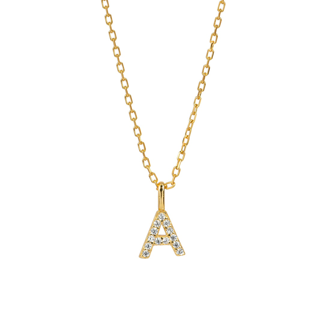 Gold necklace with 'A' pendant on a white background