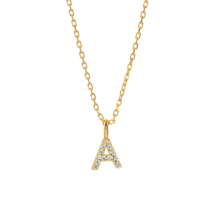 Gold necklace with 'A' pendant on a white background