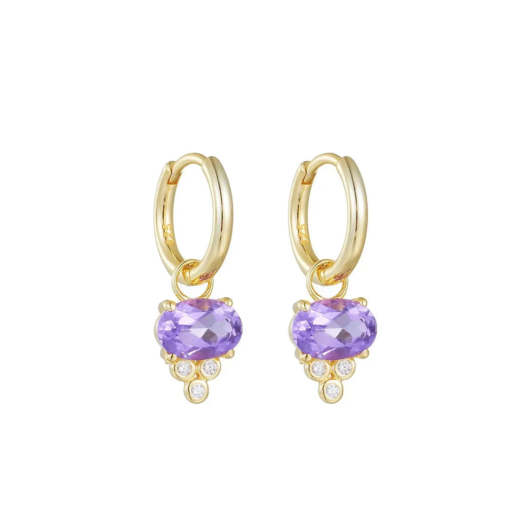Minimalist Oval Amethyst Huggie Earrings, 925 Sterling Silver & Gold Plated