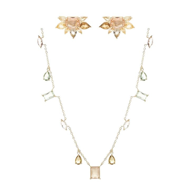 Mixed-Shape Pastel Crystal Earrings & Necklace Set, 18k Gold Filled
