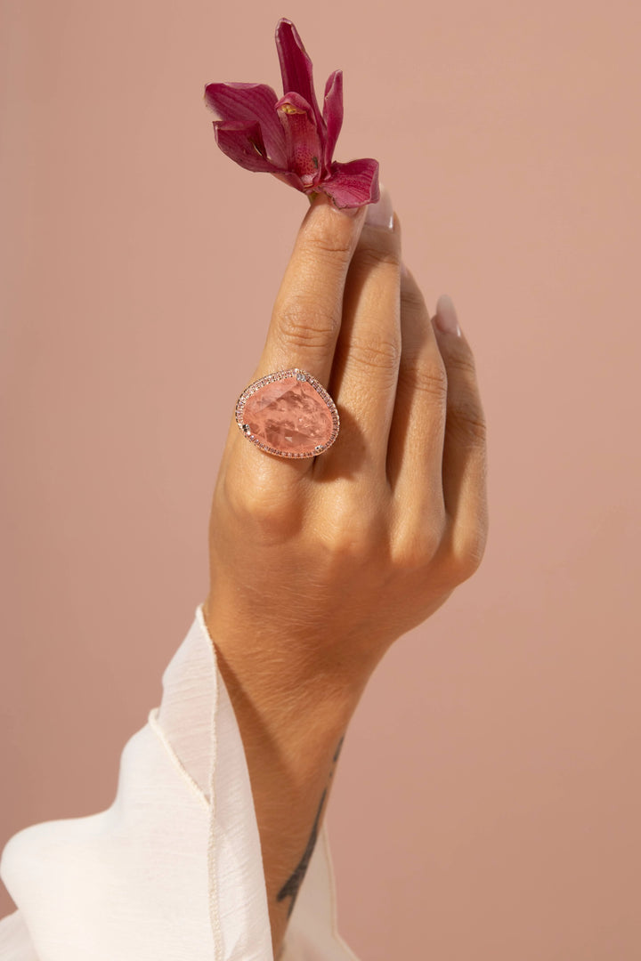 Morganite Fusion Stone & Pink Zirconia Pear Ring, Rhodium Plated
