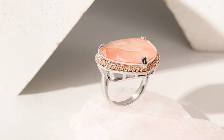 Morganite Fusion Stone & Pink Zirconia Pear Ring, Rhodium Plated