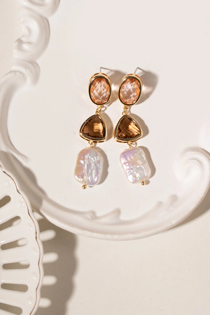 Morganite, Smoky Topaz & Baroque Pearl Drop Earrings, 18K Gold Filled