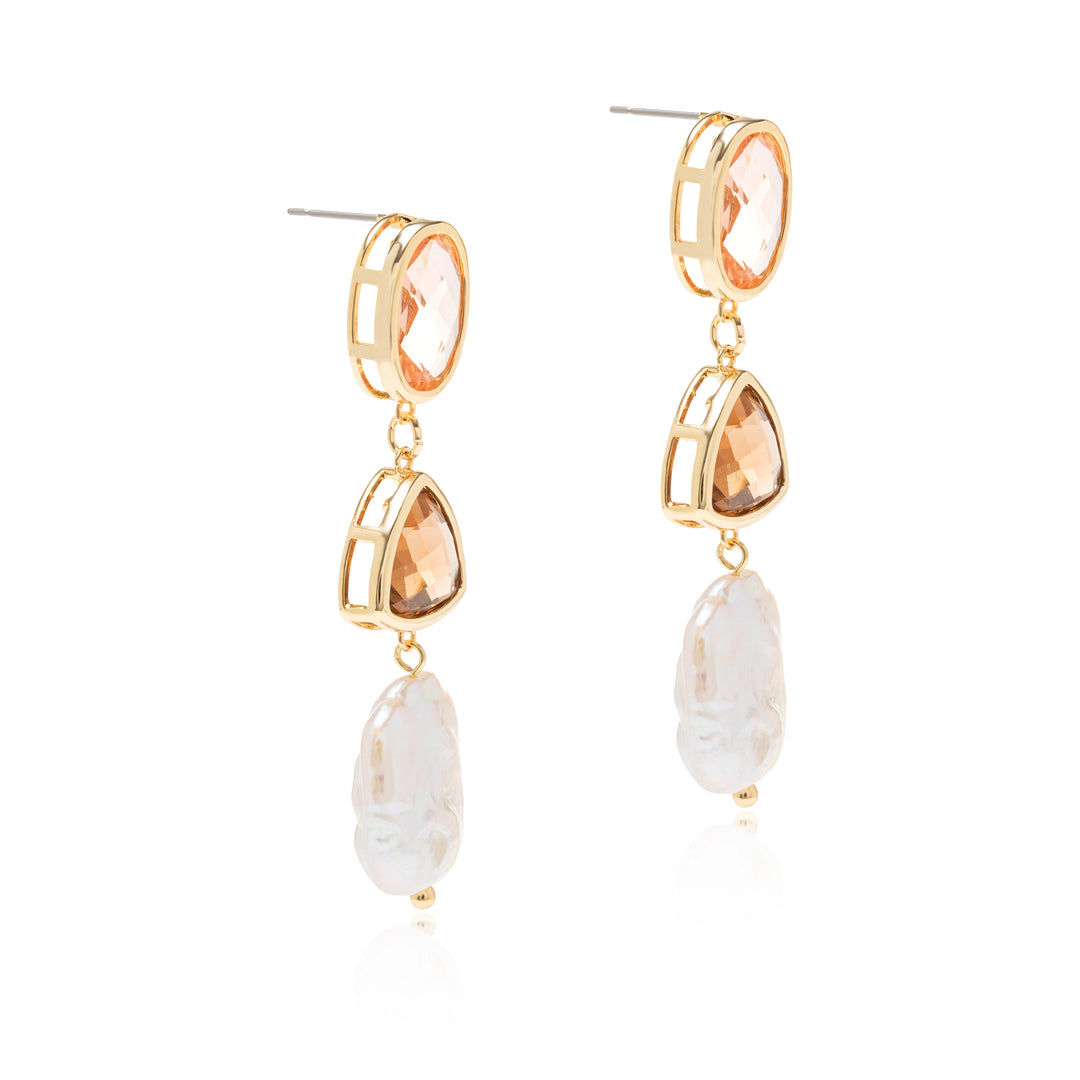 Morganite, Smoky Topaz & Baroque Pearl Drop Earrings, 18K Gold Filled