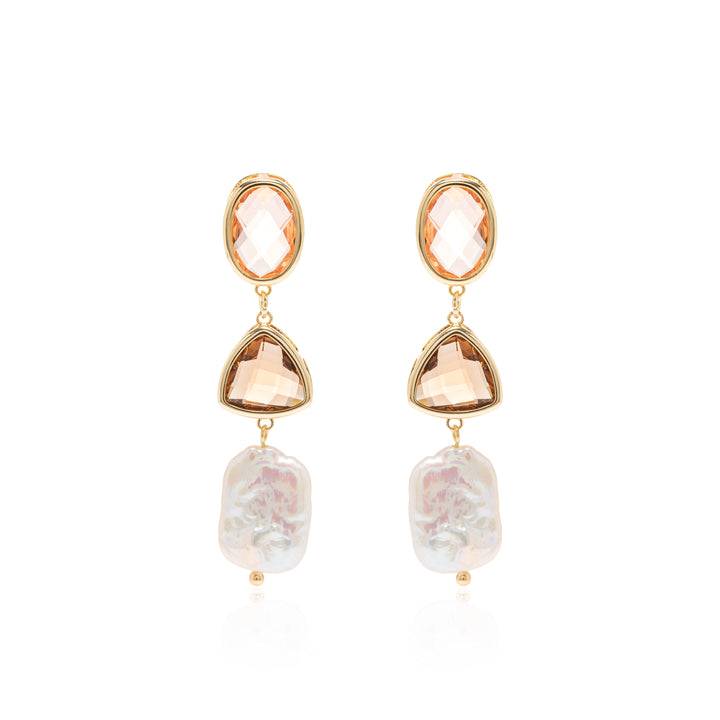 Morganite, Smoky Topaz & Baroque Pearl Drop Earrings, 18K Gold Filled