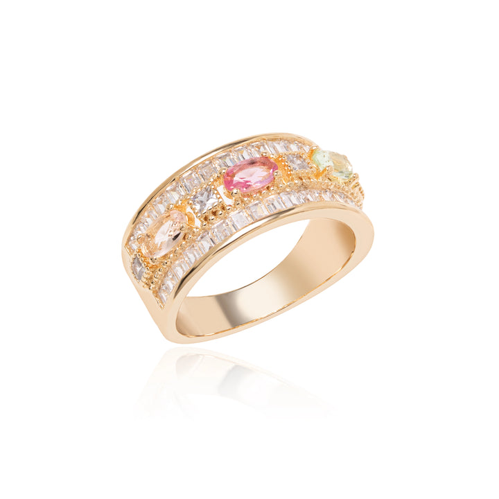 Multicolor Crystal with Oval & Baguette Crystals Ring, 18k Gold Filled