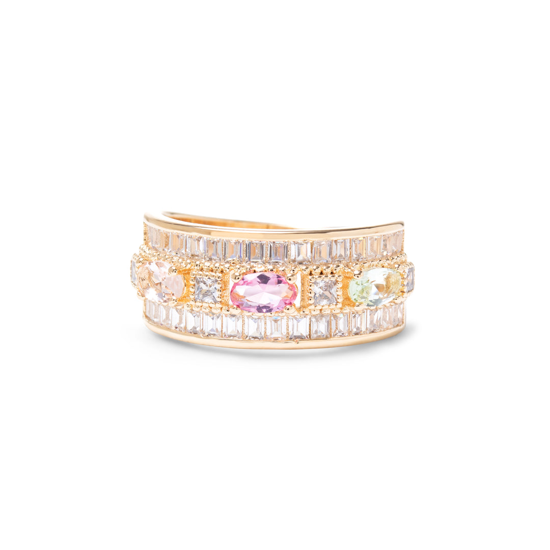 Multicolor Crystal with Oval & Baguette Crystals Ring, 18k Gold Filled