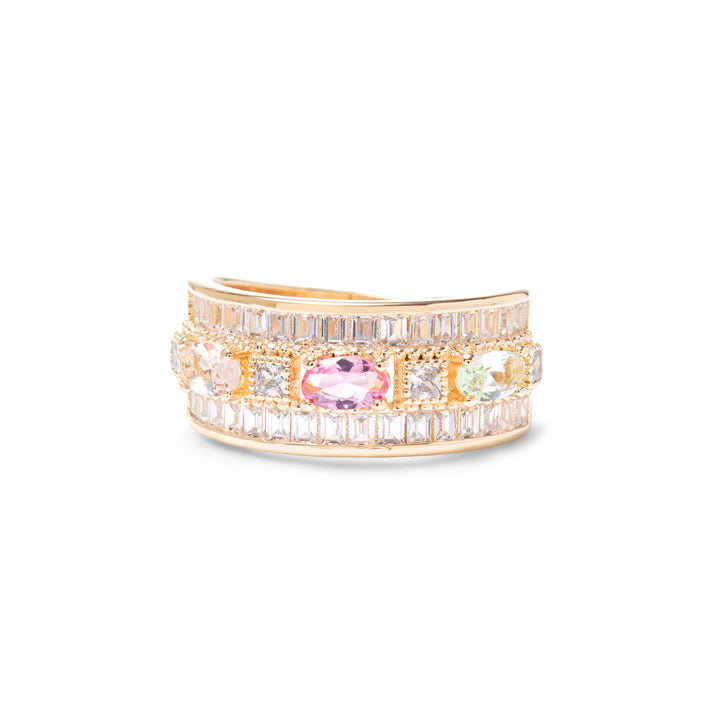 Multicolor Crystal with Oval & Baguette Crystals Ring, 18k Gold Filled