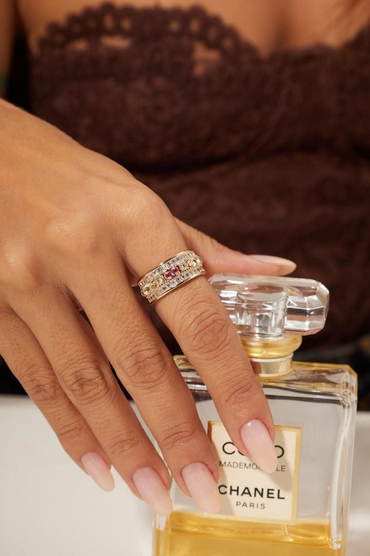 Multicolor Crystal with Oval & Baguette Crystals Ring, 18k Gold Filled