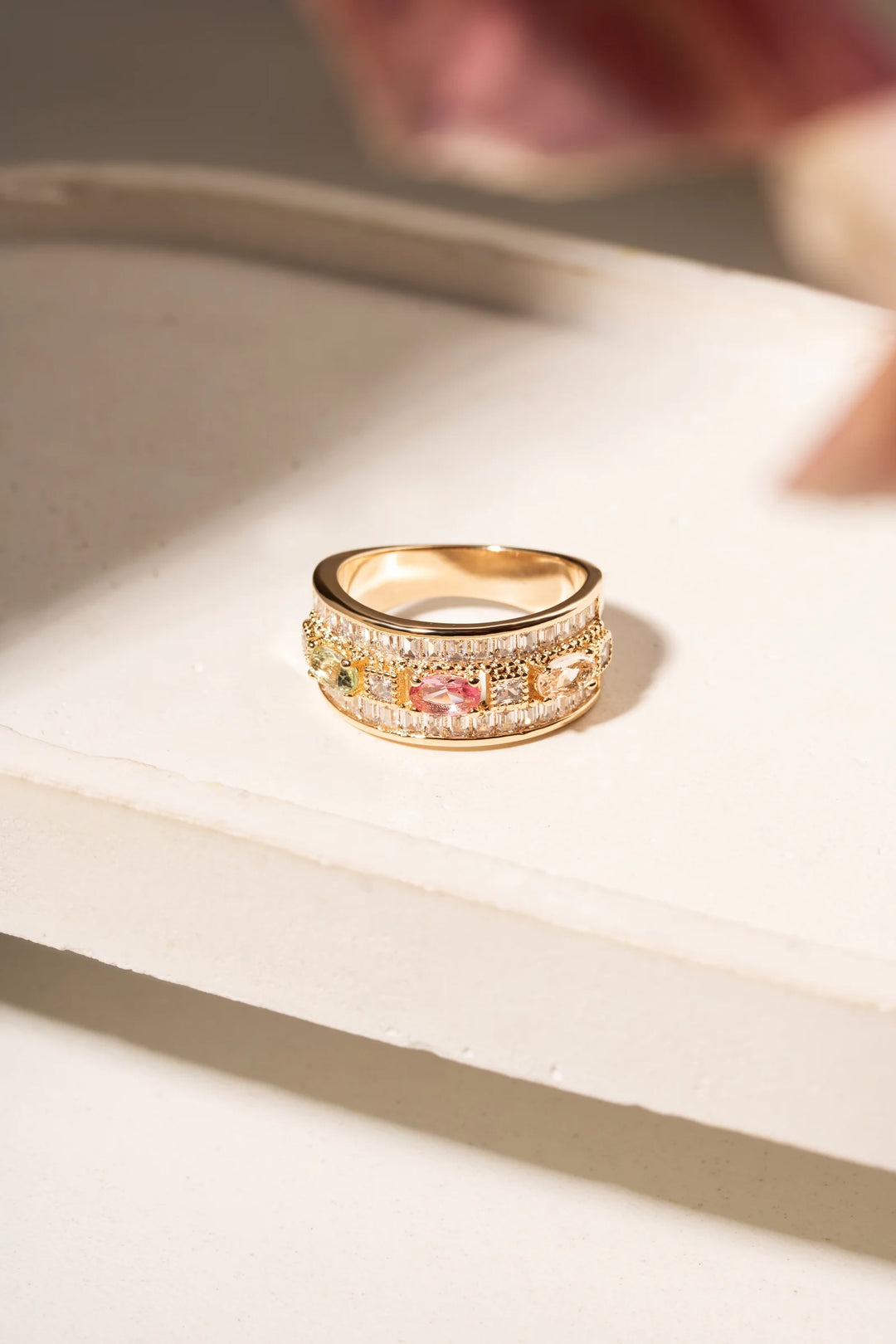 Multicolor Crystal with Oval & Baguette Crystals Ring, 18k Gold Filled